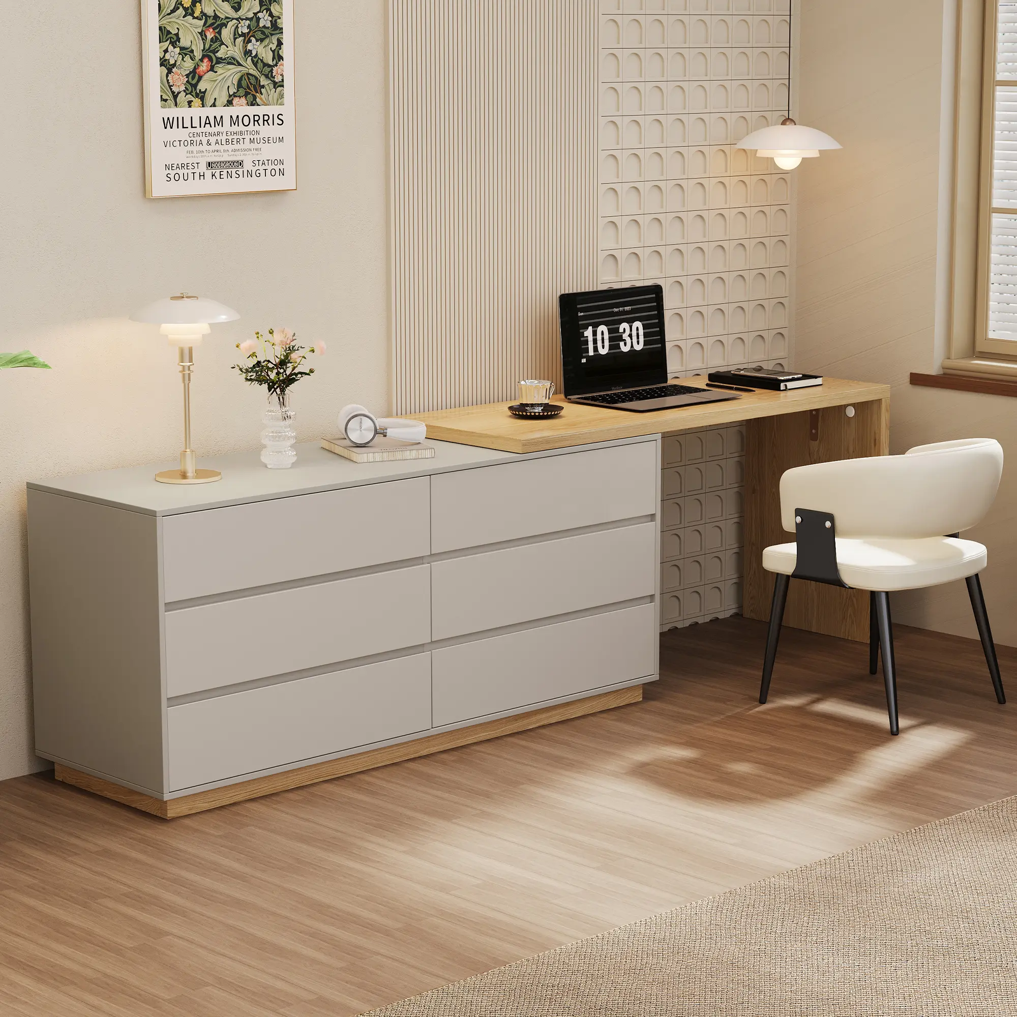 Wooden Mid-Century Modern Vanity Desk, 56”-98.5” Width Extendable L-Shaped Makeup Table with 6 Drawers, Small Computer Desk with Storage for Bedroom Corner & Home Office, Beige