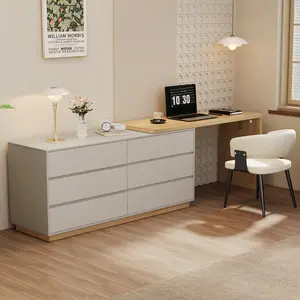 Wooden Mid-Century Modern Vanity Desk, 56”-98.5” Width Extendable L-Shaped Makeup Table with 6 Drawers, Small Computer Desk with Storage for Bedroom Corner & Home Office, Beige