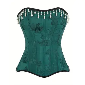 Elegant Strapless Corset Top with Tassel Detail - Sleeveless, Polyester Dark Green Womenswear Knit Shapewear Basic Minimalist Adjustable Waist Cincher Body Shaping Underwear