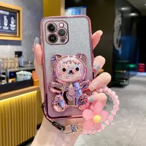 Cute Bear Design Phone Case with Beaded Chain, Decorative Phone Protective Cover, Shockproof Phone Cases Compatible with iPhone 11 12 13 14 15 Pro Max, Protector, Lightweight Shockproof Cover