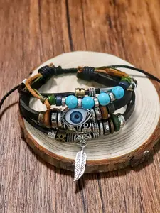 New Multi-layer Alloy Beaded Braided Bracelet, Stylish Evil Eye Leather Bracelet, Ethnic Style, Factory Wholesale Hot Sale