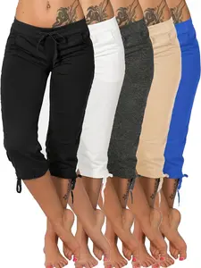 5pcs Women's Lightweight Capri Pants with Drawstring Waist - Loose Fit Casual Trousers, Mid-Stretch Machine-Washable Fabric, Solid Colors for Spring & Summer Casual Attire, Capri Leggings, Comfortable, Nontransparent Material