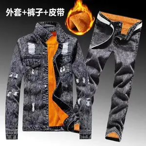 WinterMenFleeceLiningThickWarmDenimTwoPieceSetSlimFitCowbodyJacketJeansSuitCargoSets