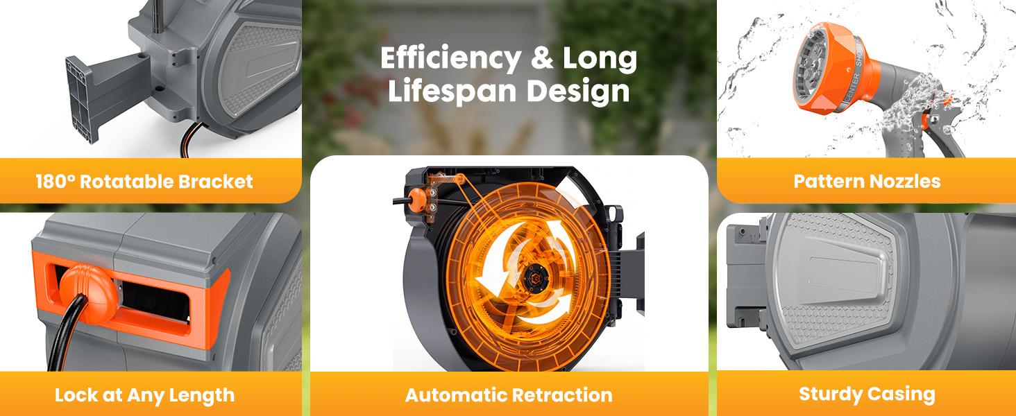 Retractable Garden Hose Reel with 9-Pattern Spray Nozzle, Wall Mount 180° Swivel Auto Rewind Water Hose Cart, Heavy Duty Flexible Water Hose for Yard Car Pet Washing & Plant Watering Retractable Garden Hose Reel with 9-Pattern Spray Nozzle, Wall Mount 180° Swivel Auto Rewind Water Hose Cart, Heavy Duty Flexible Water Hose for Yard Car Pet Washing & Plant Watering