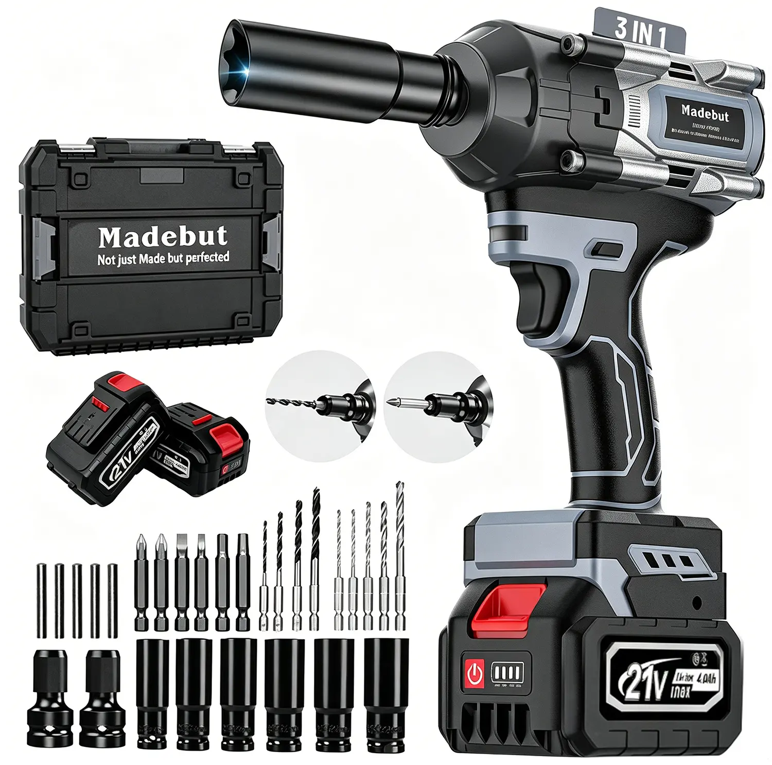 1000N·m 3-in-1 Brushless Cordless Impact Wrench, Full Metal Impact Gun with 2×4.0Ah Batteries & 5 Sockets, Drill & Screwdriver Tool Kit for Cars, Trucks & DIY