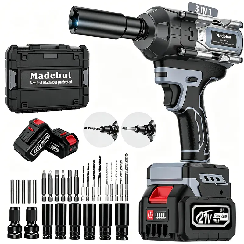 1000N·m 3-in-1 Brushless Cordless Impact Wrench, Full Metal Impact Gun with 2×4.0Ah Batteries & 5 Sockets, Drill & Screwdriver Tool Kit for Cars, Trucks & DIY