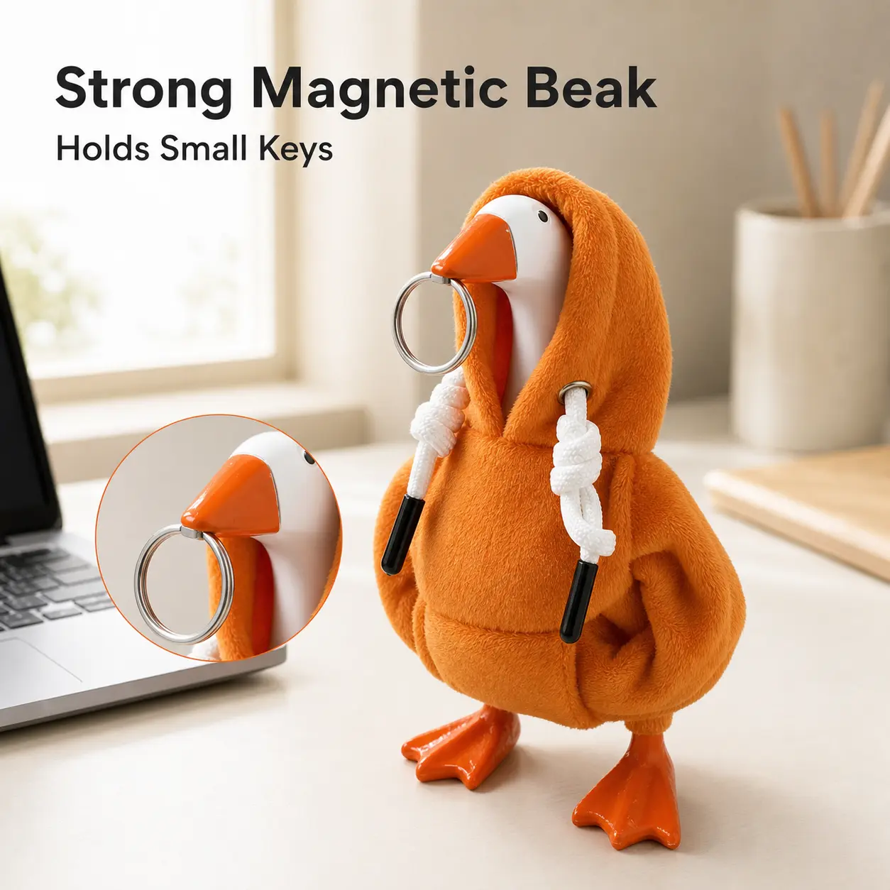 7-Inch Magnetic Goose Key Hook, Yellow Resin Key Holder Statue with Strong Magnetic Beak for Keys, Clips, Notes and Small Tools, Decorative Home Storage Hook for Entryway, Office Desk, Bookshelf, Nightstand, Dorm Room and Coworker Gifts