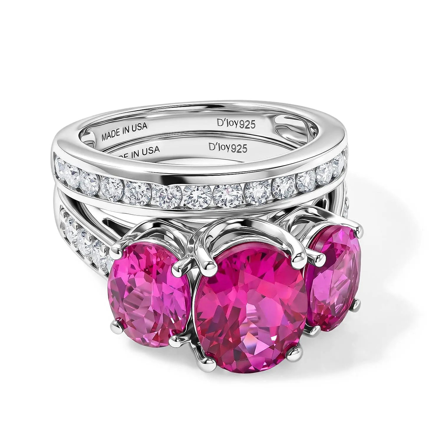 D''Joy Lab Grown Pink Sapphire and Moissanite 8.20 ctw Set of 2 Ring in Rhodium Over Sterling Silver (Size 6.00)