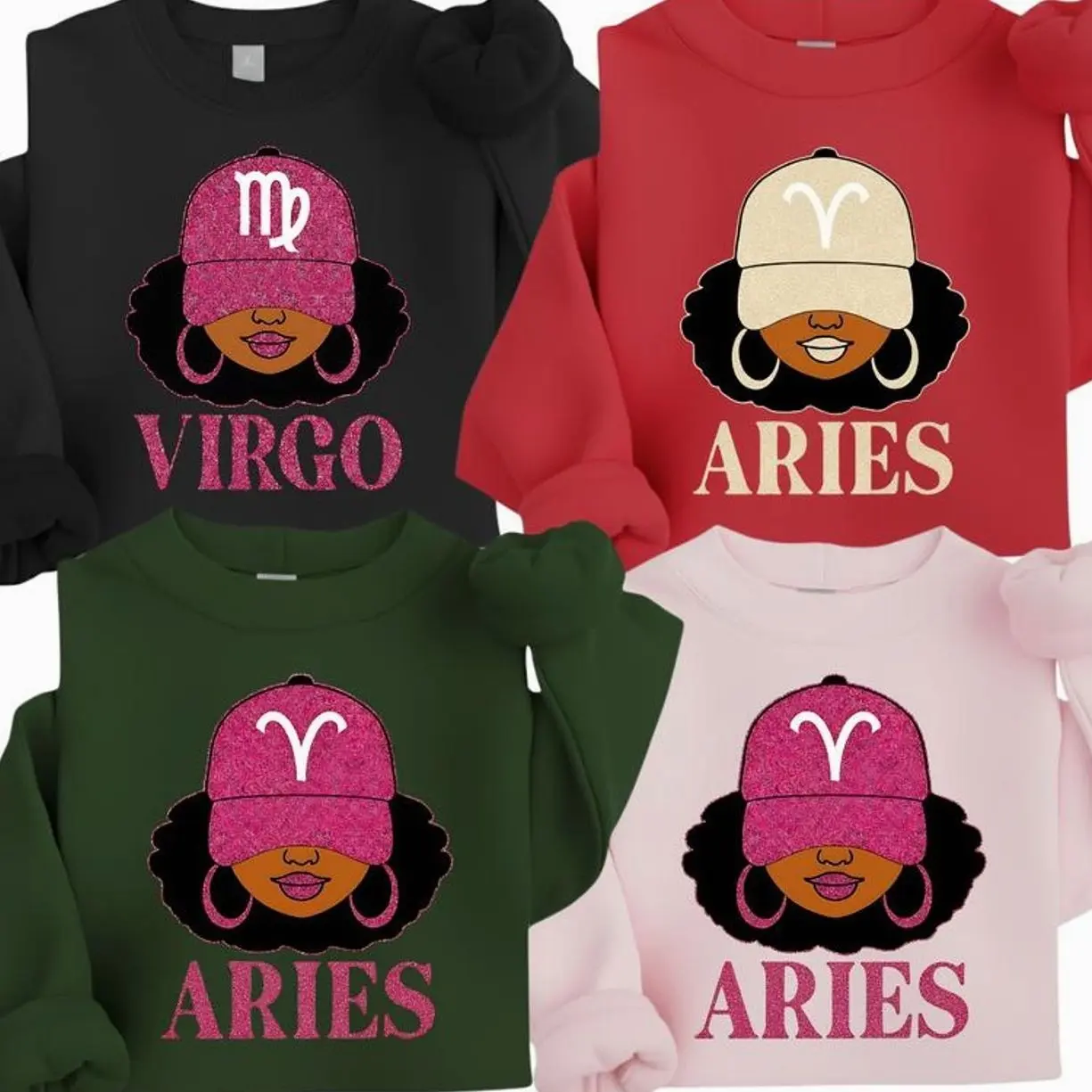 [Full 12 Zodiac] Zodiac Vibes Sweatshirt – Afro Woman Astrology Sign Pullover with Sparkly Hat Graphic, Unisex Horoscope Crewneck Gift for Aries, Virgo & Zodiac Lovers, Trendy Aesthetic Sweater