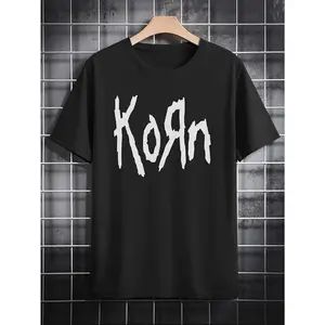 Everyday Comfort] Men's Casual Round Neck T-Shirt with Vintage Band "KORN" Print - Black, cotton, Machine Washable - Ideal Summer Gift for Him