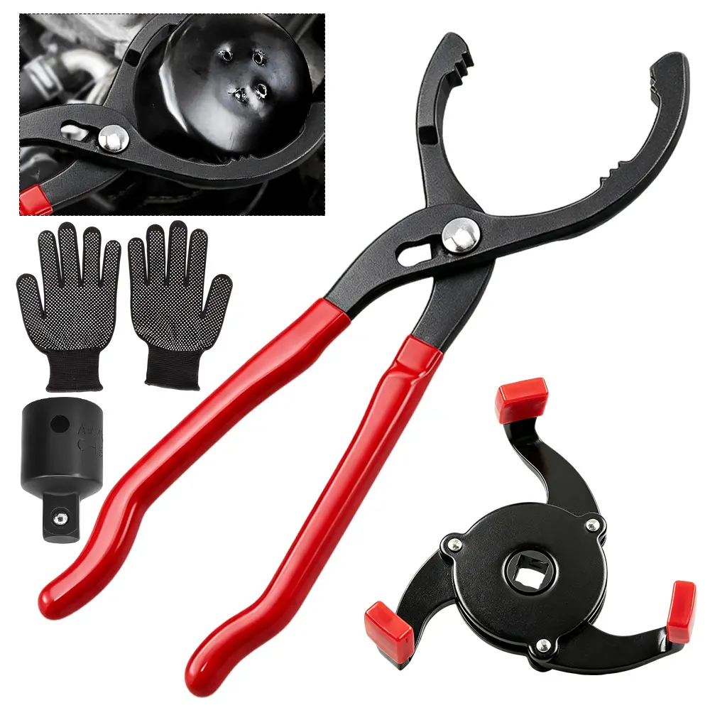 3 Packs Oil Filter Wrench Set with 1 Pair Glove, 2” Adjustable Oil Filter Plier & 3-Jaw Universal Oil Filter Removal Tool for Car, Motorcycle, Truck Maintenance