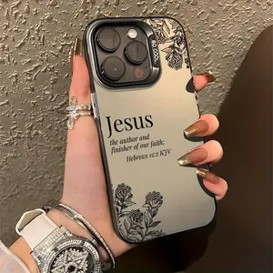 Jesus Bible Verse Flower Christian Aesthetic Silvery Phone Case Simple Shockproof Case for iPhone 16 11 15 14 13 12 Pro Max Plus Birthday Christmas Gift Ladies Christian Gift for Mom Daughter Shockproof Letter