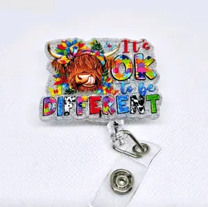 It's Ok To Be Different Moo Highland Cow Glitter Acrylic Retractable Badge ID Reel Belt or Alligator Clip identification supply cute retractable clip