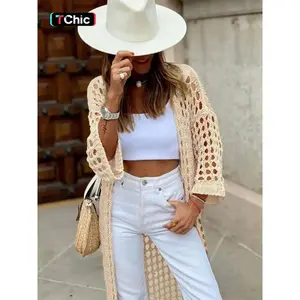 Women’s solid hollow-out sheer open-front long cardigan, casual drop-shoulder long-sleeve cardigan, ladies’ knitwear for spring and fall daily wear