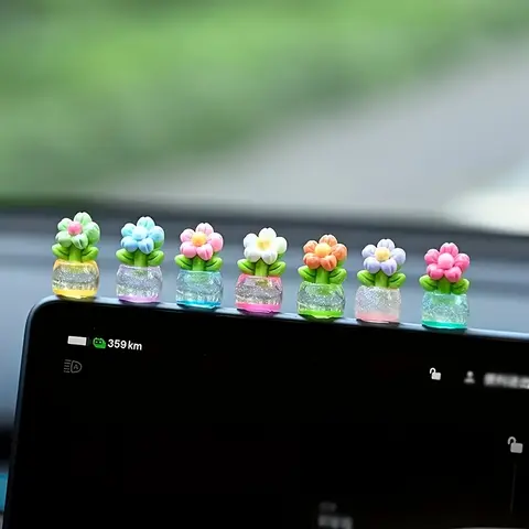 7pcs Compact Resin Flowers Mini Pots Set Pack - Car Interior Decoration Accessories, Realistic Look for Rear View Mirror, Dashboard Decor, Desk Accent, Computer Monitor Edges, Thoughtful Gift for Mothers