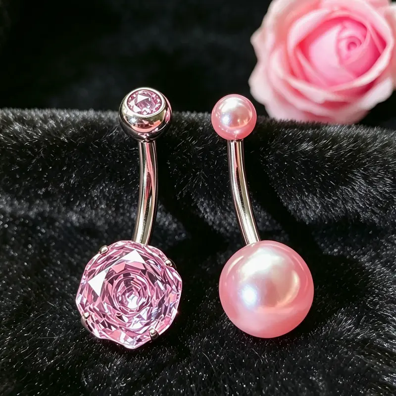 2pcs 14G F136 Titanium Belly Rings - Sparkling Pink Blooming Rose CZ Design Hypoallergenic Belly Button Ring,Ideal Sensitive Skin Friendly Unique Belly Rings,Premium Belly Piercing Kit