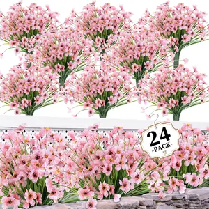 24 Peach Blossom Artificial Flower Set, Outdoor & Indoor Fake Plant, Garden Porch Window Box Home Decoration Bouquet, Home Wedding Farmhouse Decor, Fake Indoor Plants