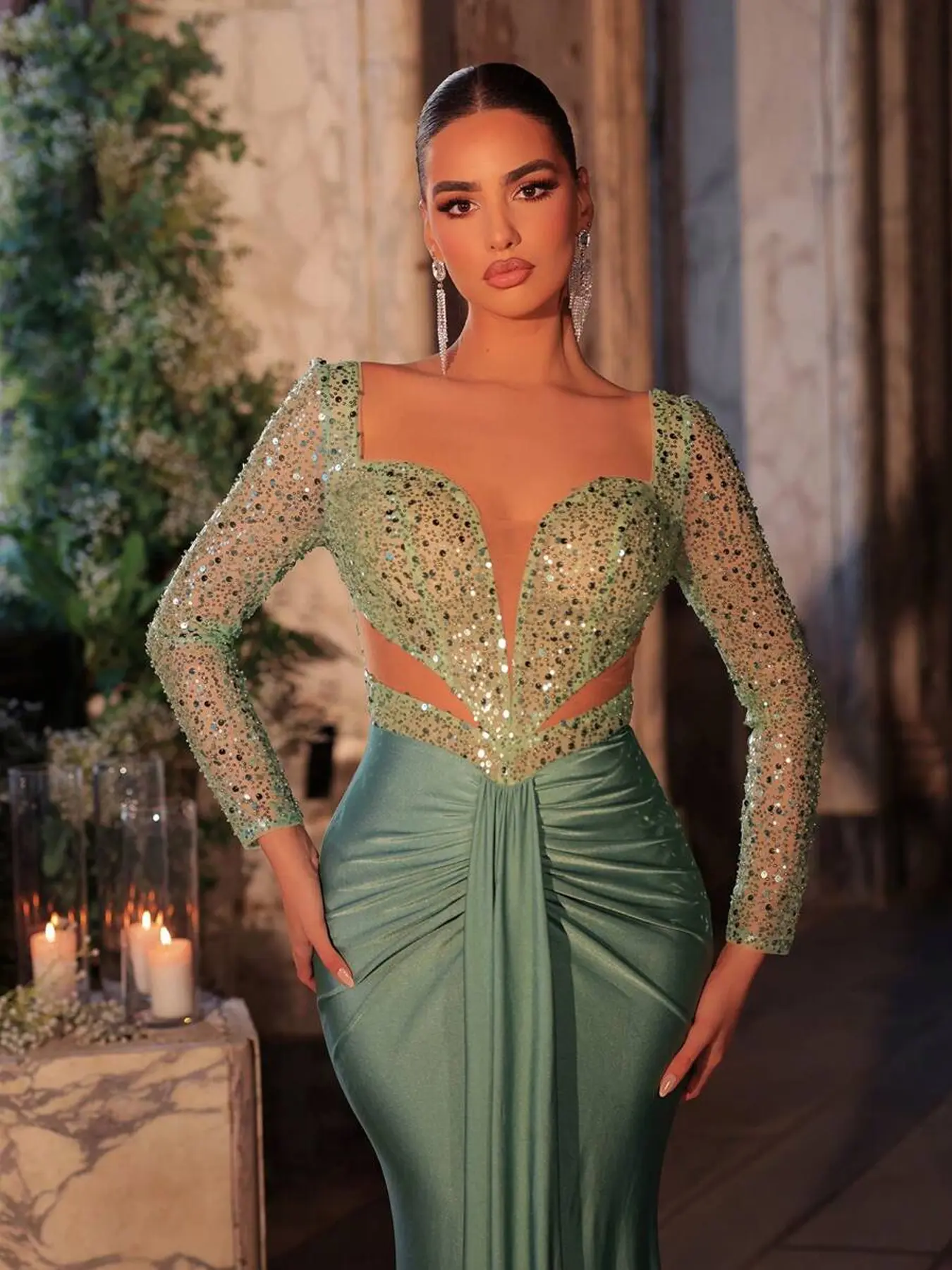 Christmas Party Outfits Elegant Women's Mermaid Evening Gown Dress with  Sequins, Fitted Style for Prom & Party, Luxury Formal Wear, Green Sequin  Design, Chic Year-round Fabric Square Neck Long Sleeve Womenswear -
