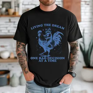 Living the Dream One Bad Decision  Funny Raccoon Riding Rooster Shirt Design, Coffee Chaos Trash Panda Quote