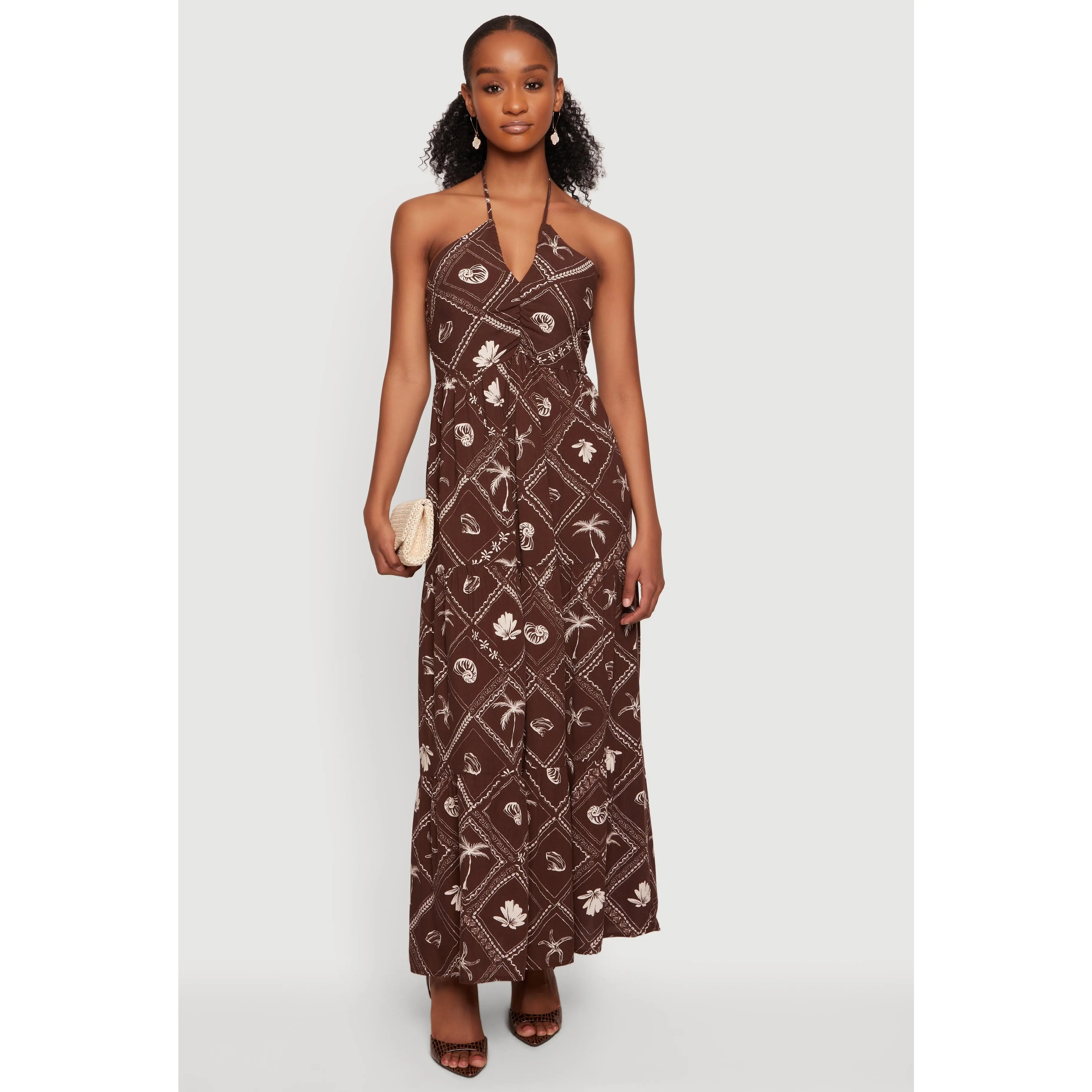 Printed Pattern Halter Neck Tiered Maxi Dress