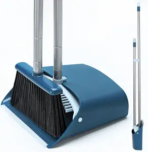 Standing Dustpan and Broom Set with 52" Extendable Handle for Home, Kitchen, Office, and Lobby Floor Cleaning