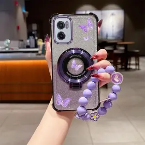 Love Bead Strap Lanyard Moto E15 Durable Transparent Glitter Shiny Phone Holder Case Compatible With for Motorola Moto E15 Purple Pearl Elegant Butterfly Case Cover for Fashion