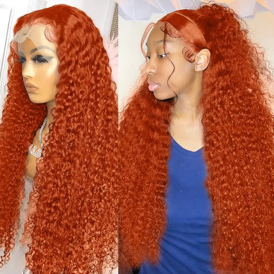 Water Wave Human Hair Wig, Orange Ginger 13x4 HD Transparent Lace Front, 30 Inch 180% Density Brazilian Hair for Women, Pre-Plucked, Colored Human Hair, Wigs Human Hair