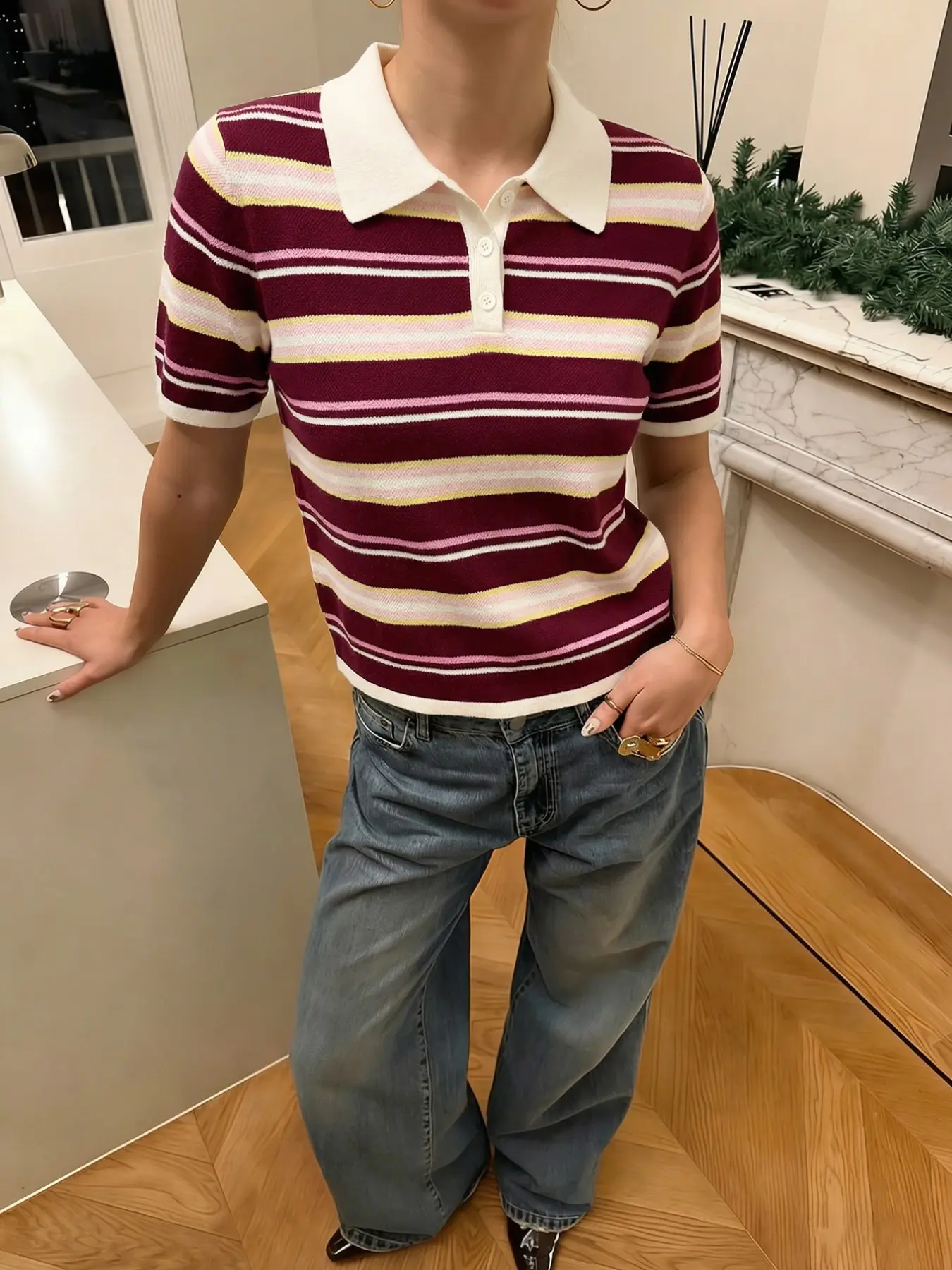 Women's Striped Contrast Collar Polo Shirt, Preppy Collared Short Sleeve Casual Knitwear for Spring & Fall, Vintage Women's Knit Clothing for Daily Wear, Tops, Casual Polo Shirts