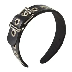 PU Leather Headband Gothic Tiaras with Metal Buckle Rock Punk Steampunk Headpiece for Party Halloween Cosplay Stage Bar Nightclub