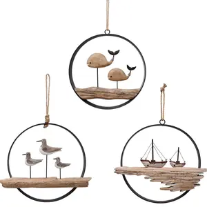 Wooden Nautical Decor Hanging Wood Nautical Decoration for Wall, Rustic Round Nautical Decor Beach Theme Home Decoration Nautical Home Decor for Bathroom Bedroom Lake House Decoration Hand Hollow Set Decorative Door Gift Lightweight Sculpture