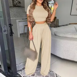 Two Piece Sets Elegant Print Short Sleeve Shirt Pullover Wide Leg Pants Suits