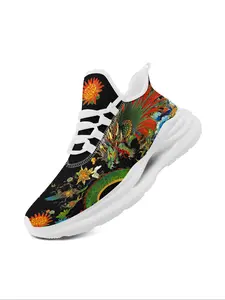 Men‘s Japanese Dragon Design Sneakers, Lightweight Running Shoes, Elegant Gold Floral Print, Hollow Out Midsole Tech, Breathable Mesh Upper, Casual Footwear for Everyday Wear
