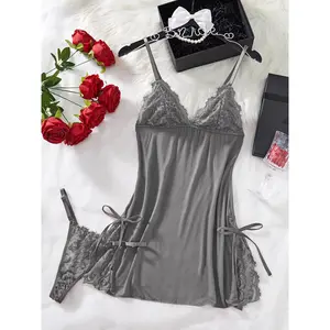 Women's 2-Piece Sleeveless Spaghetti Strap Cami & Thong Loungewear Set - Bow Decor, Bra-Free, Contrast Lace, Minimalist Soft Nightwear for Sleep & Home Use, Multi-Size All-Season