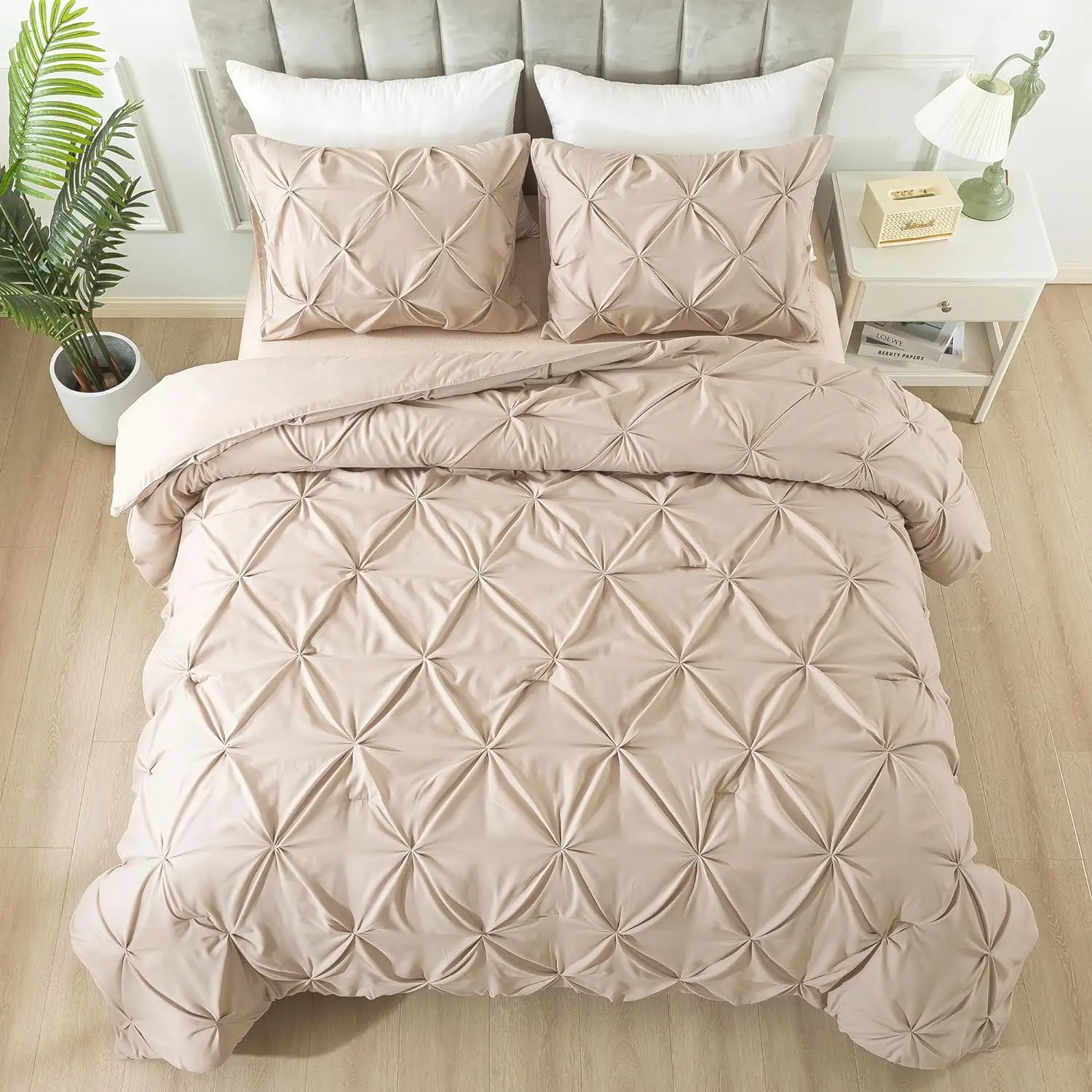 California King Comforter Wheat (104x96Inch), Pinch Pleat Cal King Comforter 3, Oversized King Pintuck Comforter, Microfiber Down Alternative Comforter
