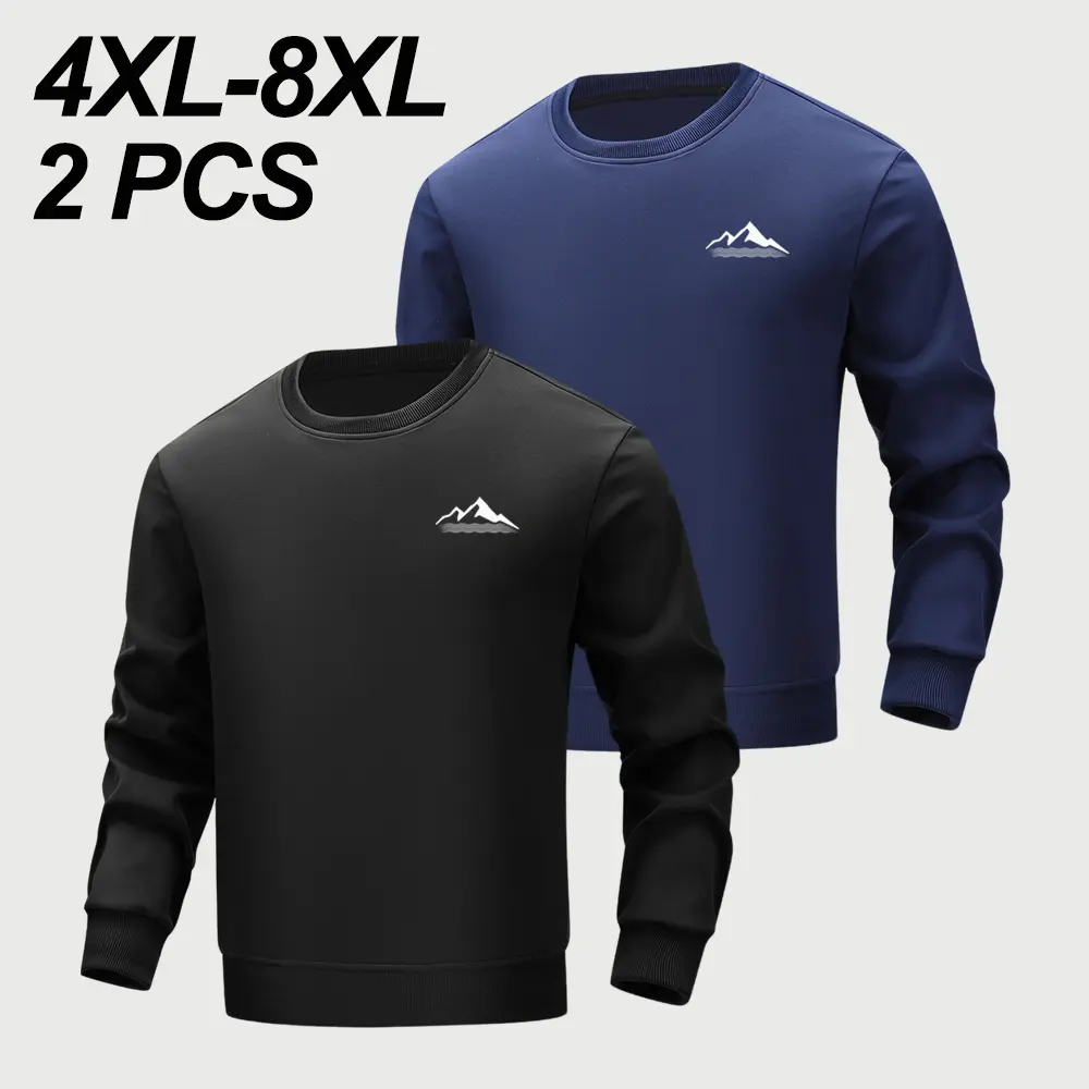 【4XL-8XL】2-pack men’s plus-size classic crewneck printed long sleeves, loose casual ribbed elastic cuffs, solid color versatile athletic crewneck long sleeves, suitable for daily commuting, home leisure, and fitness activities