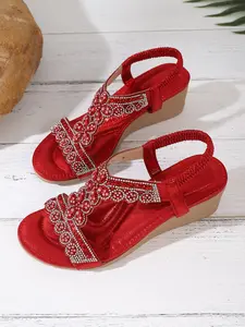 Wedge Sandals for Women Boho Chic Sandals Womens Dressy Comfortable Summer Platform Sandals Floral Rhinestone Accents Open Toe Elastic Straps Perfect for Beach Casual Office Weddings Proms Vacation Holiday Wear Durable TPR Sole Beach Shoes Red Footwear