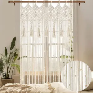 Boho Macrame Beaded Curtain  Door String Curtain for Doorway Window  Tassels Beads  Room Divider Hallway Closet Bedroom Living Room Decor, White - 1 Panel 35" W x 79" L