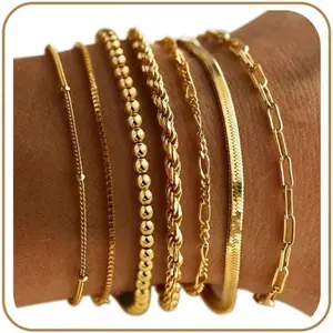 Mothers Day Gifts, 7count Gold Bracelets for Women - 14K Real Gold Plated Beaded Bracelets Set Rope Paperclip Chain Stackable Bracelet Non Tarnish, Friendship Birthday Jewelry Gifts for Women-USA