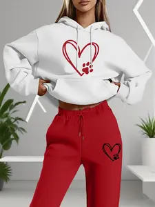 Valentine's Day Thin Fashion Long Sleeve Fitted Hoodie Sweatshirt with Pockets + Colorful Pants Set, Casual Heart Butterfly Print, Women's Two-Piece