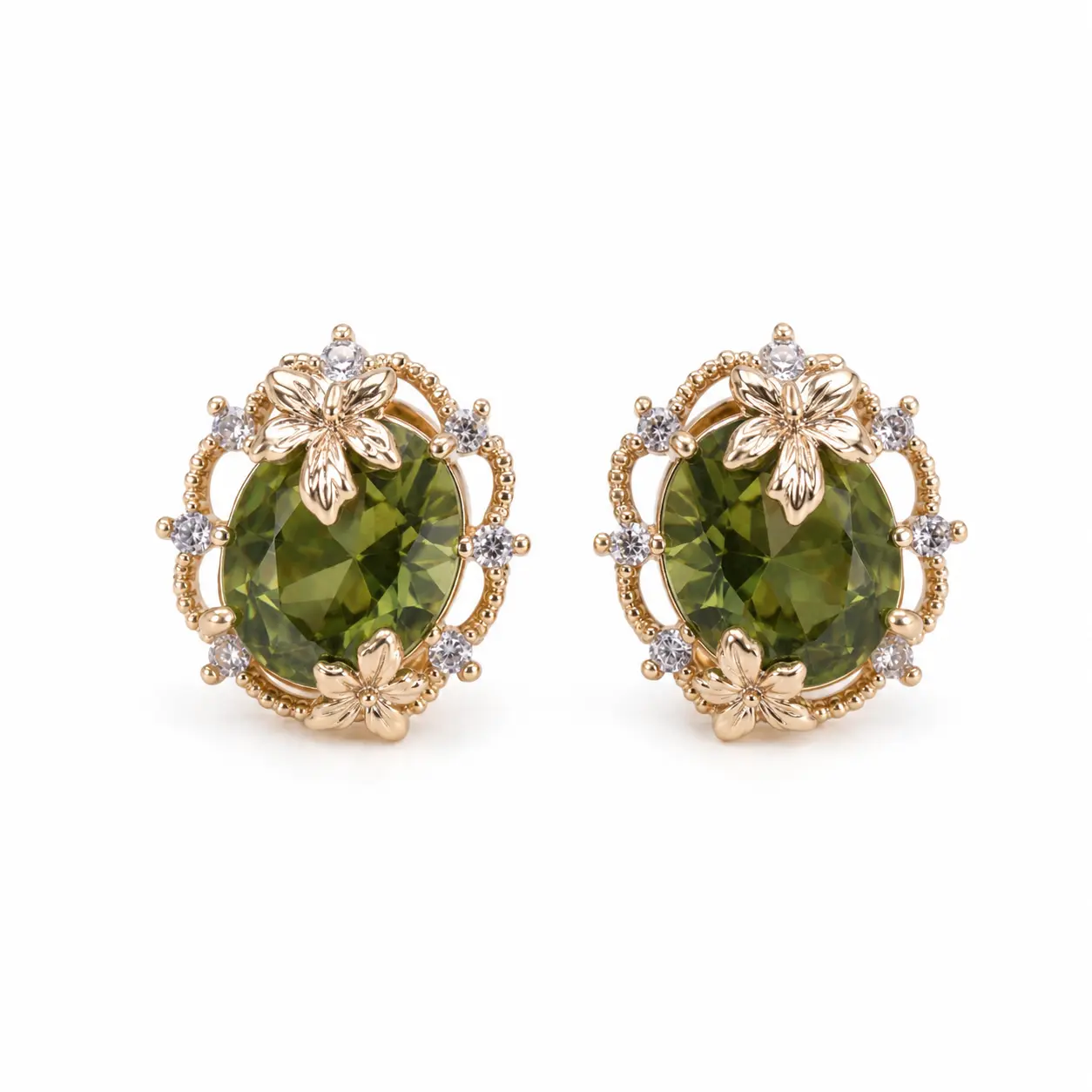 Elegant Peridot Stud Earrings with Floral Design and Sparkling Accents in Gold Tone