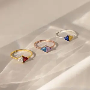 Birthstone Ring Women's Simple Fashion Zircon Inlaid Copper Geometric Shape 5g Trendy Set Individual Packaging