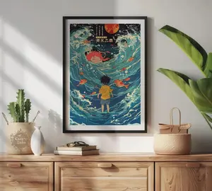 Ponyo Inspired Studio Ghibli Poster, Japanese Anime Wall Art Print, Ocean Aesthetic Room Decor for Living Room, Bedroom & Anime Fans (No Frame)
