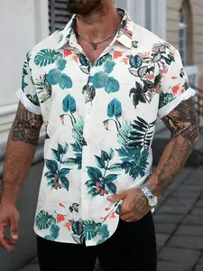 Men's Plus Size 2xl-6xl Tropical Leaf Print Short Sleeve Shirt, Hawaiian Style Casual Collared Blouse, Summer Fashion