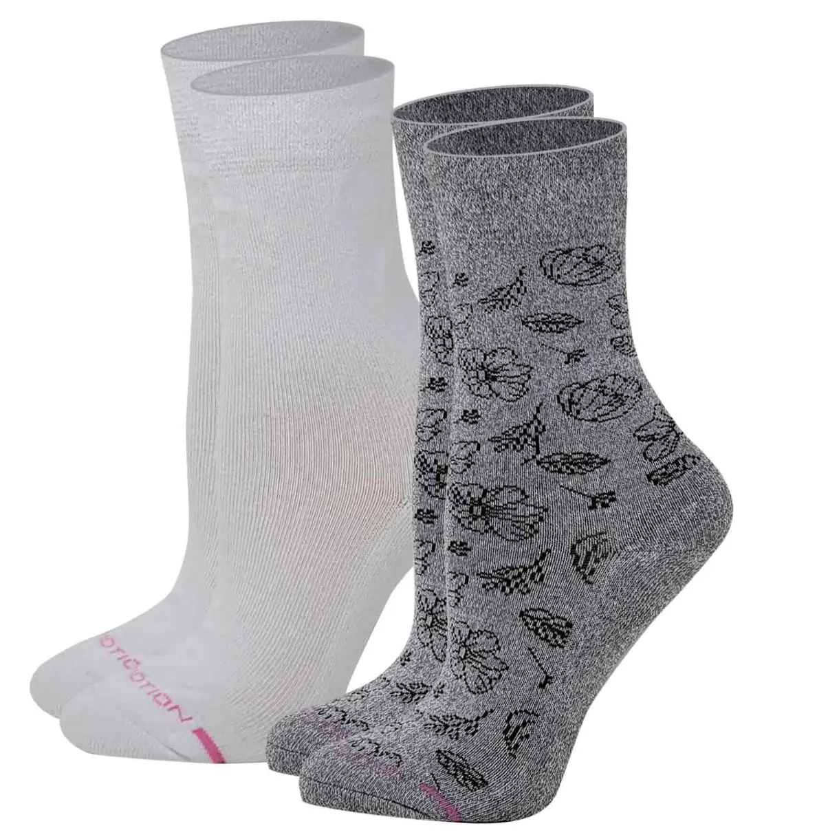 Women's 2-Pack (2 Pairs) Floral Diabetic Crew Socks, 38% Sorbtek® Polyester-Cotton-Nylon-Spandex Blend, Moisture-Wick, Anti-Microbial, Non-Binding Fit, Cushioned Sole, Gradual Stretch, Smooth, Cold Wash for Everyday Casual Wear, Lightweight, All Seasons