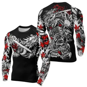 BattleFitGear Samurai & White Dragon | Men's Long Sleeve Rash Guard | BJJ & Fitness Rash Guard | Baselayer Compression Shirt for Jiu Jitsu & MMA
