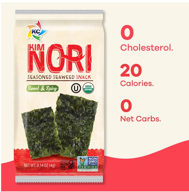 KIMNORI Seasoned Seaweed Snacks Sheets – Organic Sweet 'N Spicy Flavor 12 Individual Packs Roasted Crispy Premium 100% Natural Laver Kim Nori 4g 0.14 Ounce