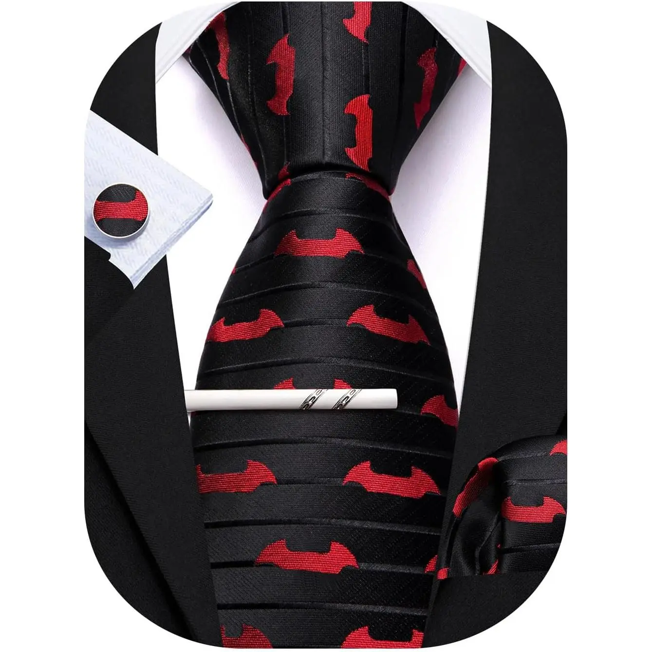 Men Silk Fun Tie Set Designer Necktie with Tie Clip Pocket Square Cufflinks Wedding Halloween Party Festival
