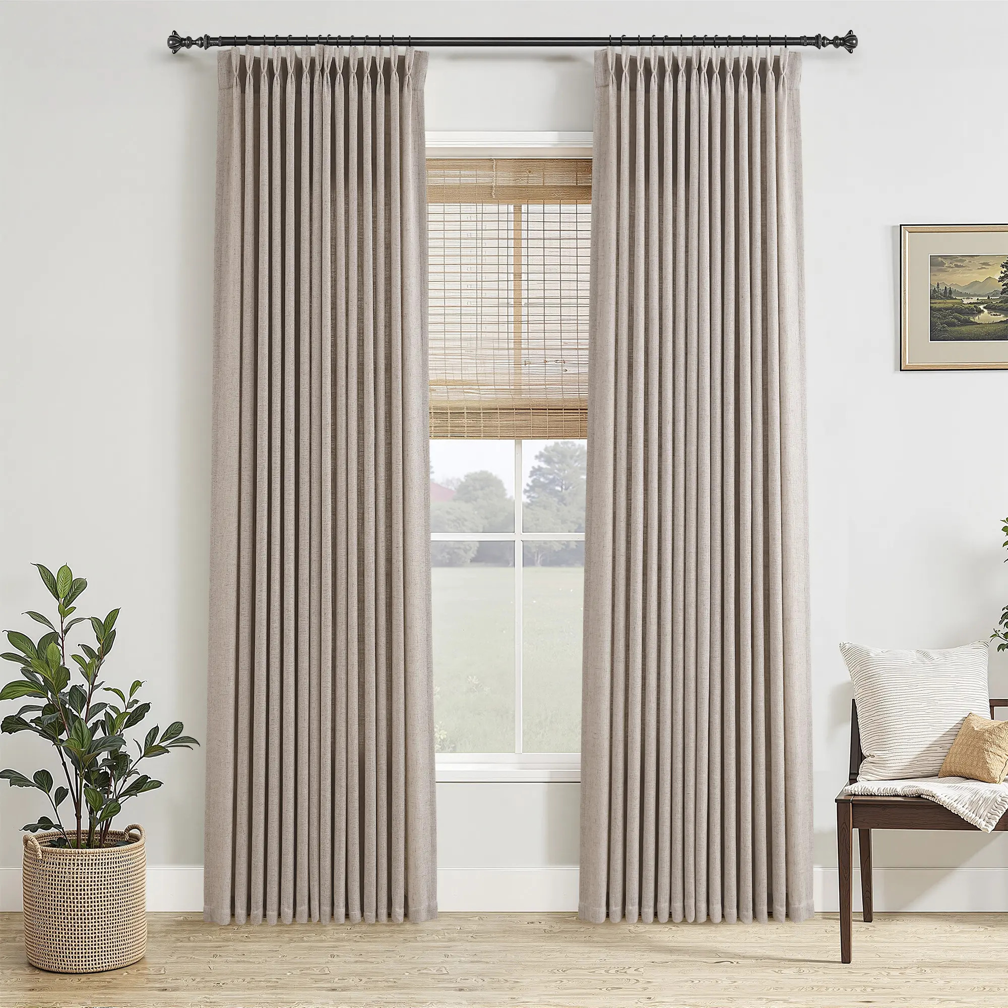 [Thickness Upgrade]Jowels Thick Linen Pinch Pleated Curtains 2 Panels Set for Living Room Flax Textured Drapes Pinch Pleat Hooks Rings Light Filtering Sheer Curtain for Bedroom Window