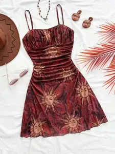 Women's Vintage Print Pleated Mini Dress, Spaghetti Strap, Retro Style, Casual Fashion, Perfect for Daily Wear, Comfortable and Stylish