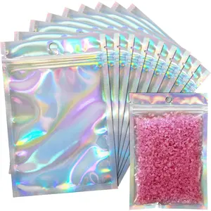 50-pack resealable holographic bags, suitable for small businesses, rainbow-colored polyester film bags, transparent front, odor-resistant aluminum foil packaging bags, suitable for multi-purpose storage (4 x 6 inches).